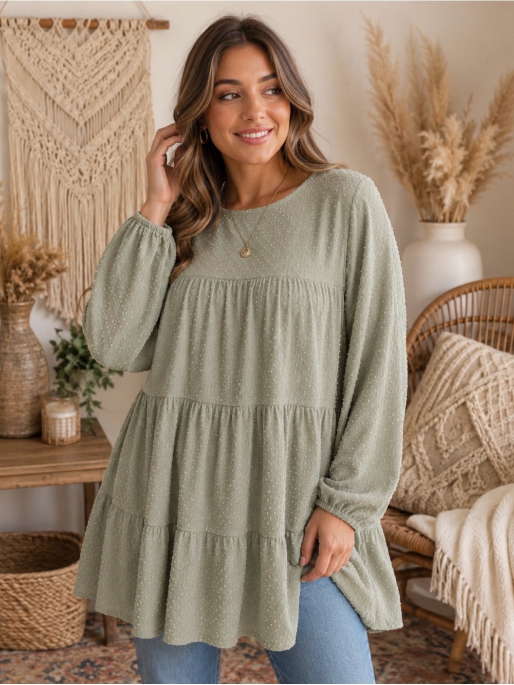 HEIMISH USA Sage Green Tiered Long-Sleeve Tunic Top